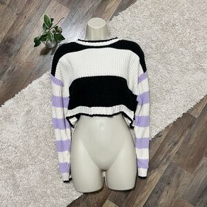 American Eagle Size Medium Purple Black White Striped Cropped Sweater